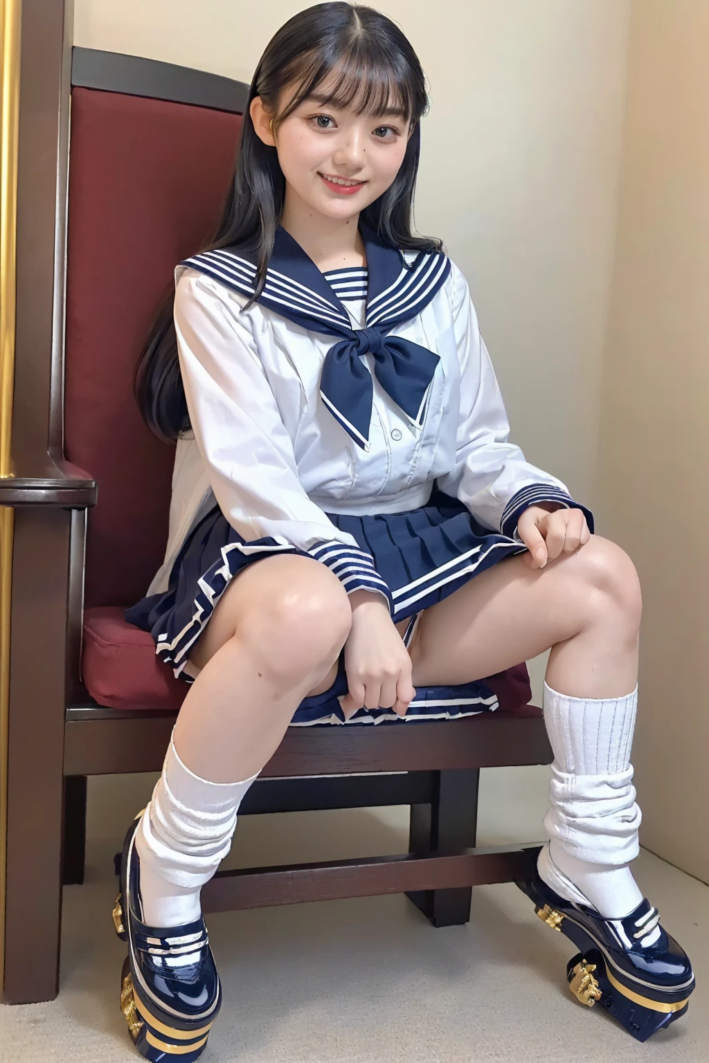 ((highest quality、8k、masterpiece:1.3)),((((fullbody shot)))),Ultra-high resolution,big eyes,Japanese,bangs,(((a girl))),(((1 girl))),((20 years old)),((facing at viewer)),grin,((looking at viewer)),(long hair),(((black sailor uniform))),((sitting on chair)),(((open leg),(pleated mini skirt),(((platform shoes)))