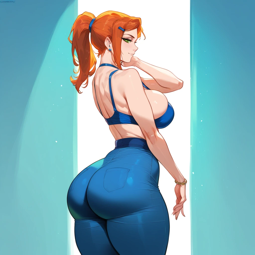 mixed_artwork style, 1 girl, standing alone, hands, beautiful woman, thick, gwendolyn_tennyson (from Ben 10) realistic, textures, 8K, perfect hand, perfect anatomy, visible curves, Breasts, big ass