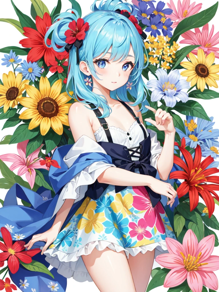 1 girl, Blooming and vibrant, with flowers in full bloom and a bright, floral color scheme.