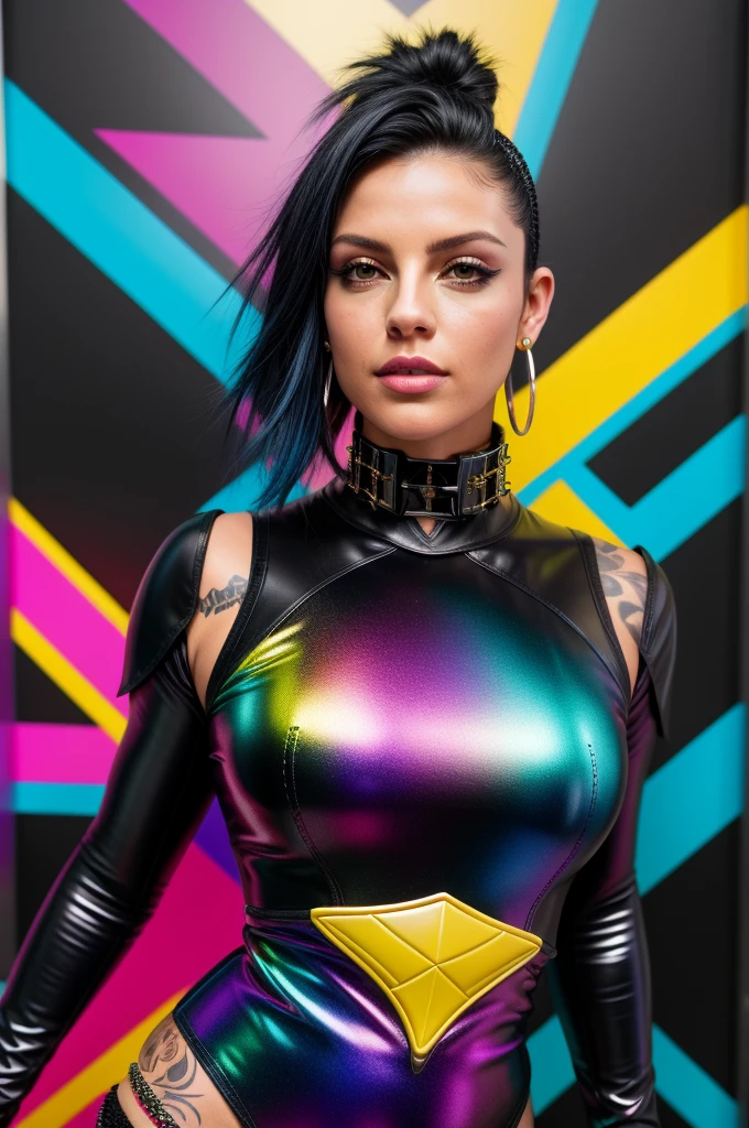 photo of woman, sexy, large breasts, punk, black hair, one side shaved head, ([Britney Spears|Ashley Greene|Amber Heard]:0.85), [stanleylau style|uodenim style], armor suit, hips, sensual, shinny skin, oily skin, tattoos, close up, face focus, detailed face, lips, choker, jewelry, [(colorful explosion psychedelic paint colors:1.21)::0.2], kitchen, masterpiece, best quality, rainbow colors, colorful, high contrast, walk in the runner way step by step