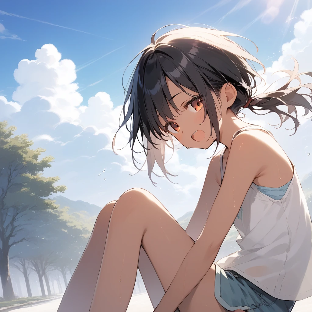 score_9, score_8_up, score_7_up, source_anime, best quality, masterpiece, official art, absurdres, highres, ultra-detailed,waifu2x,Collection: Slice of Life,break,1girl, tomboy, dark-skinned female, short hair, low ponytail, flat chest, beautiful detailed eyes, short shorts, sweat, open mouth, (yawn:0.3), sleepily, outdoors, wind,break,(clear line illustration:1.2), super detailed skin,very high resolution, very aesthetic, Best sexual lighting powered by famous artist, 8k,cute picture,beauty illustration,photoshop_(medium),,(Detailed Lighting),best anime 8k konachan wallpaper, pixiv contest winner,