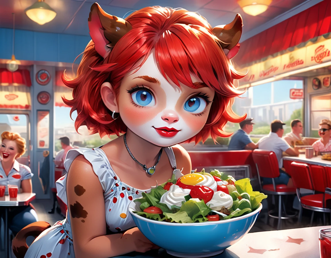 a 3D digital painting picture of extremely beautiful  (anthropomorphic cow:1.3) serving a big juicy steak on a tray in American diner, an exquisite beautiful female (cow anthropomorphic:1.3), full body, ultra feminine ultra detailed face, red hair, short hair, little fury, red lips, blue eyes, wearing sexy white seductive latex dress, looking at a American  kitchen background,  dynamic angle, , award winning, best quality, high quality, high details, highres, vibrant, Ultra-high resolution, High Contrast, (masterpiece:1.5), highest quality, Best aesthetics, best details, best quality, highres, ultra wide angle, 16k, [ultra detailed], masterpiece, best quality,  photorealistic, 3D rendering, TomFischbeck