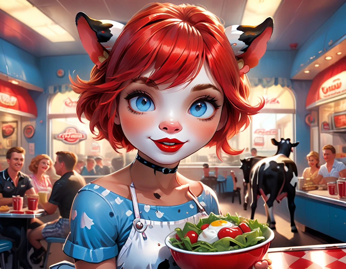a 3D digital painting picture of extremely beautiful  (anthropomorphic cpw:1.3) serving a big bowl of salad in American diner, an exquisite beautiful female (cow anthropomorphic:1.3), ultra feminine ultra detailed face, red hair, short hair, little fury, red lips, blue eyes, wearing sexy white seductive latex dress, looking at a American  kitchen background,  dynamic angle, , award winning, best quality, high quality, high details, highres, vibrant, Ultra-high resolution, High Contrast, (masterpiece:1.5), highest quality, Best aesthetics, best details, best quality, highres, ultra wide angle, 16k, [ultra detailed], masterpiece, best quality,  photorealistic, 3D rendering, furry