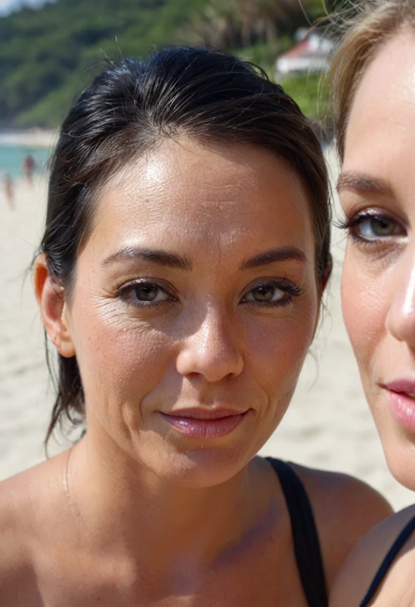 front view shot of two female 48-years-old British tourist interviewed by a woman news reporter. topless in a beach zoomed out half-body and face vacation photo. Photorealistic, 4k. looking at the camera, dslr, ultra quality, sharp focus, tack sharp, dof, film grain, Fujifilm XT3, crystal clear, 8K UHD, highly detailed glossy eyes, high detailed skin, skin pores