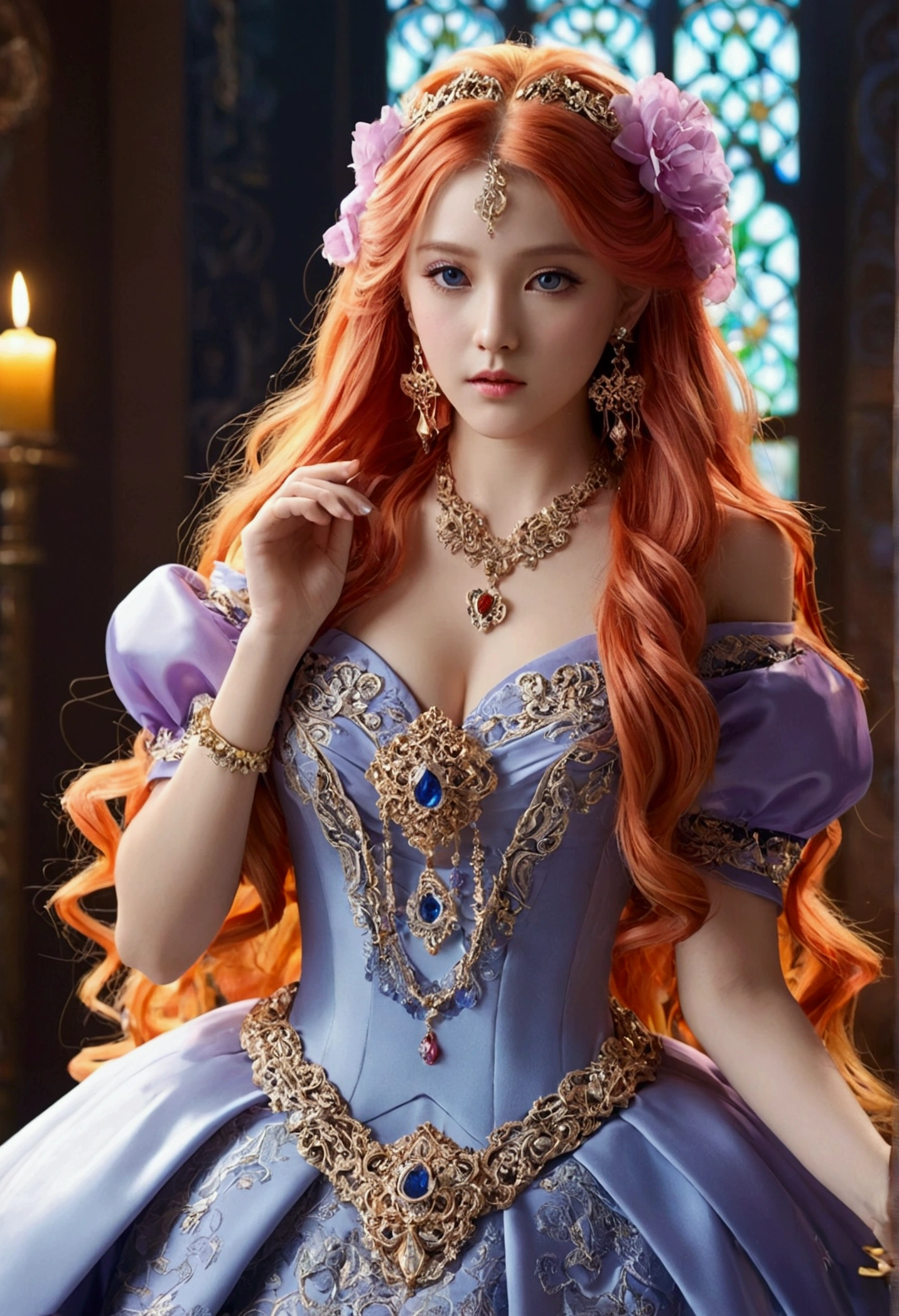 1girl, long hair, bright hair color, seductive eyes, mysterious expression, mature appearance, charming dress, flowing dress, elegant jewelry, intricate decoration, magic symbols, glowing accessories, potions, scrolls, cute accents, bows, ribbons, flowers,