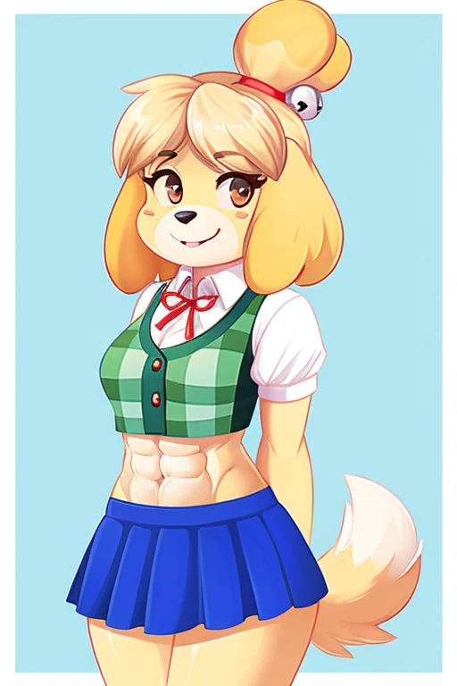 isabelle \(animal crossing\), plaid vest, white short sleeve undershirt, red ribbon, blue skirt, bare midriff, crop top, abs, female dog, anthro style, furry style, furry, digital art