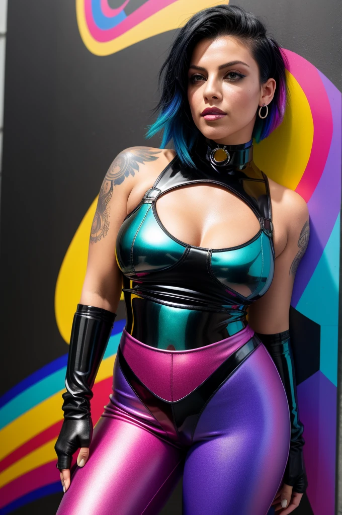 photo of woman, sexy, large breasts, punk, black hair, one side shaved head, ([Britney Spears|Ashley Greene|Amber Heard]:0.85), [stanleylau style|uodenim style], armor suit, hips, sensual, shinny skin, oily skin, tattoos, close up, face focus, detailed face, lips, choker, jewelry, [(colorful explosion psychedelic paint colors:1.21)::0.2], kitchen, masterpiece, best quality, rainbow colors, colorful, high contrast, walk in the runner way step by step