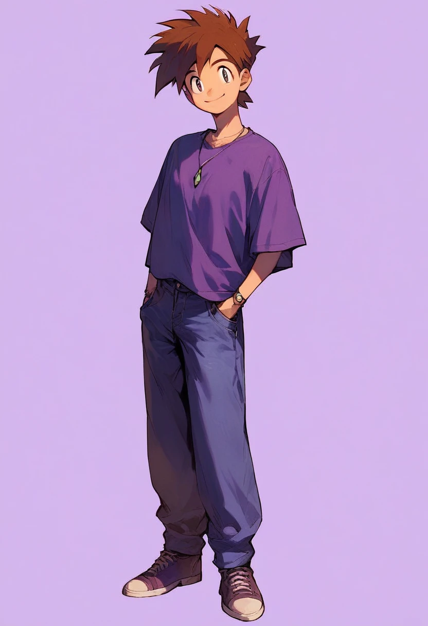 Score_9, Score_8_Up, Score_7_Up, Score_6_Up, Source_Anime, Gary Oak, Kanto Outfit, Pants, Purple Shirt, Looking at Viewer, Full Body, Pendant,smile