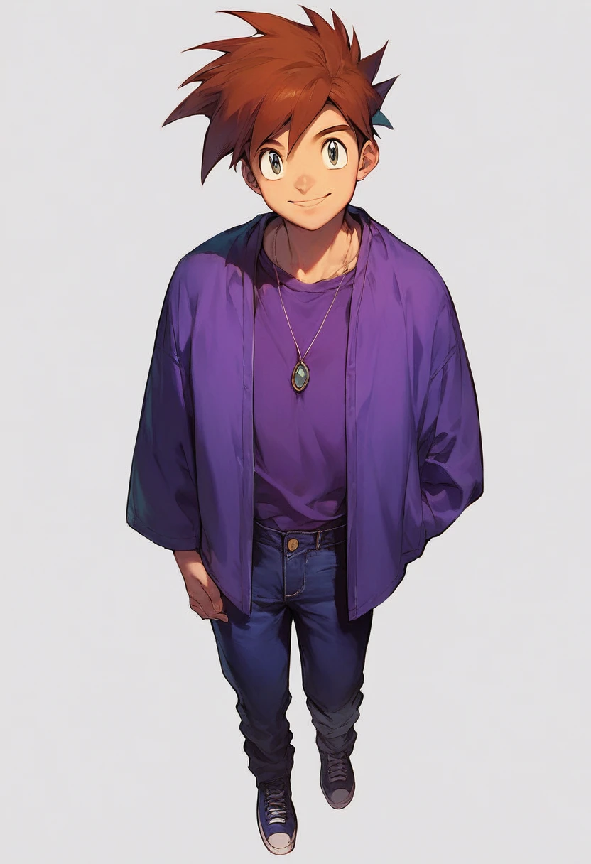 Score_9, Score_8_Up, Score_7_Up, Score_6_Up, Source_Anime, Gary Oak, Kanto Outfit, Pants, Purple Shirt, Looking at Viewer, Full Body, Pendant,smile