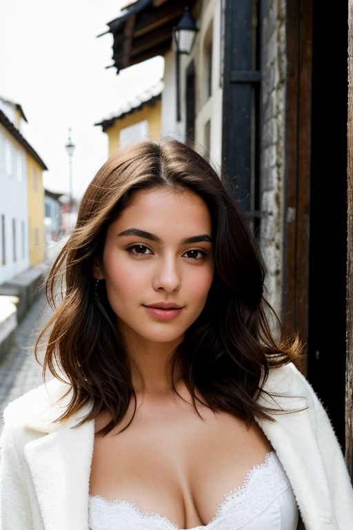 la plus haute qualité、high resolution, 23 ans, Brazilian Younger Portrait, longs cheveux noirs, Beautiful firm breasts are combed and sexy eyes, realistic skin, belle peau affinée, texture de peau réelle, in a village in greenland, dressed sexy with a coat made entirely of fur and lace top, reflective, city lights background, prise de vue grand angle
