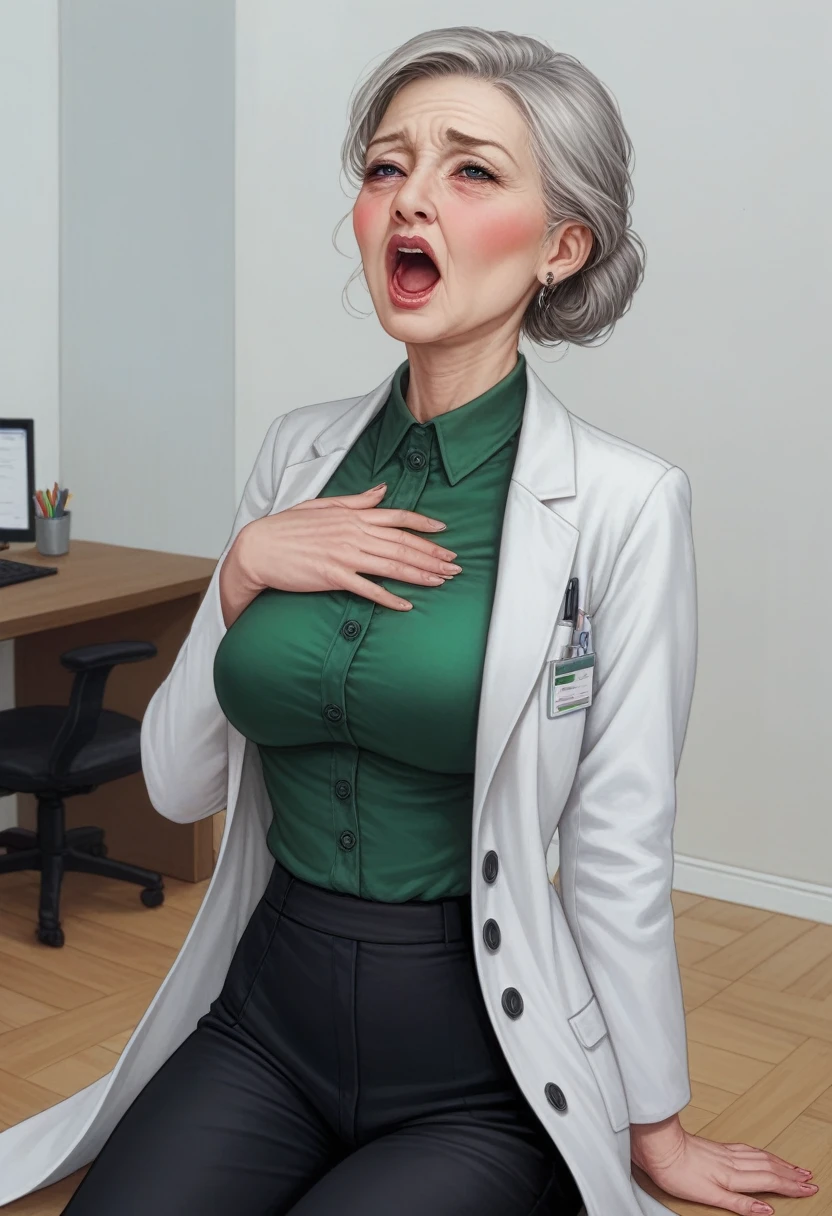 hyperrealistic art cinematic film still lower angle photography in the style of detailed hyperrealism photoshoot . (widehips) Extremely high-resolution details, photographic, realism pushed to extreme, fine texture, incredibly, elderly frail wrinkle woman, short gray hair, (lab coat with green blouse and black pants),sitting in office alone, blushing, clutching chest ((headback_moaning_openmouth))
