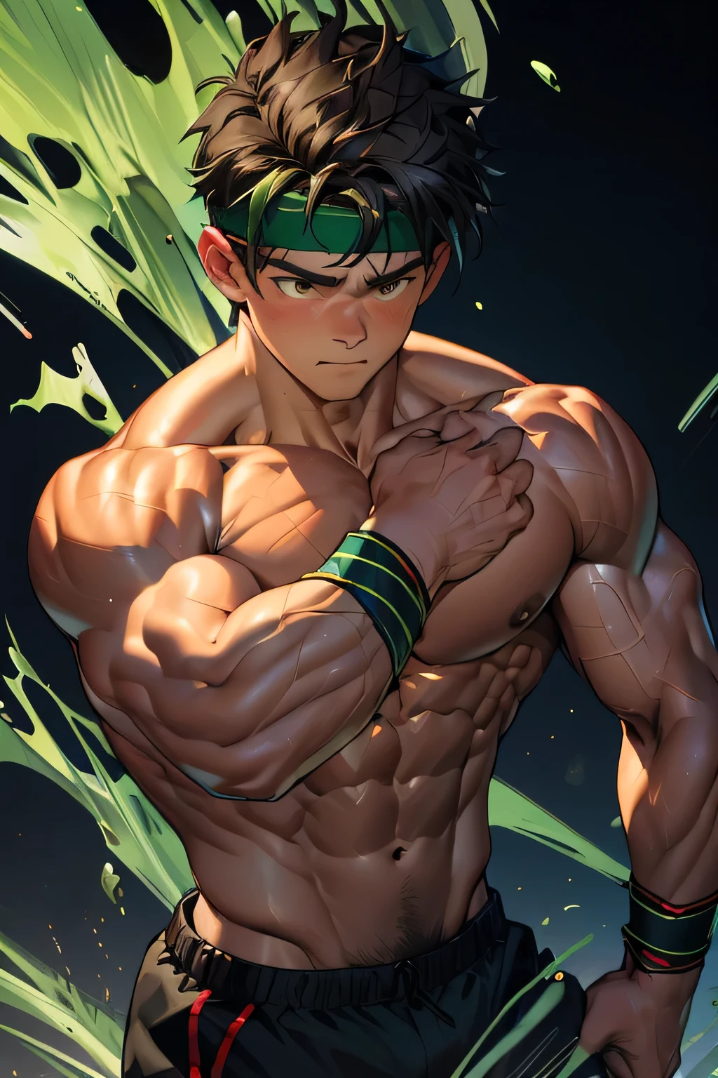 (Masterpiece, Best quality boy, black background), Young, boy, muscler, Shirtless, topless, ((((solo, intense battle scene,heroic figure, surrounded by swirling green aura)))), (Dark Short straight hair, ((almost completely shaved hair)), under cut, brown eyes), (red headband, ((black wristband))), Vivid colors, ((hot Abs:1.2, abs!, big abs, big breast:1.2,!, muscler upper arms, clenched fist)), muscler!, muscler body, Man with martial arts stance, detailed face, detailed muscle, (((random fighting pose, powerful, action, rippling muscles, turquoise aura around body, concentrate, deep night, male focus, man of steel)))