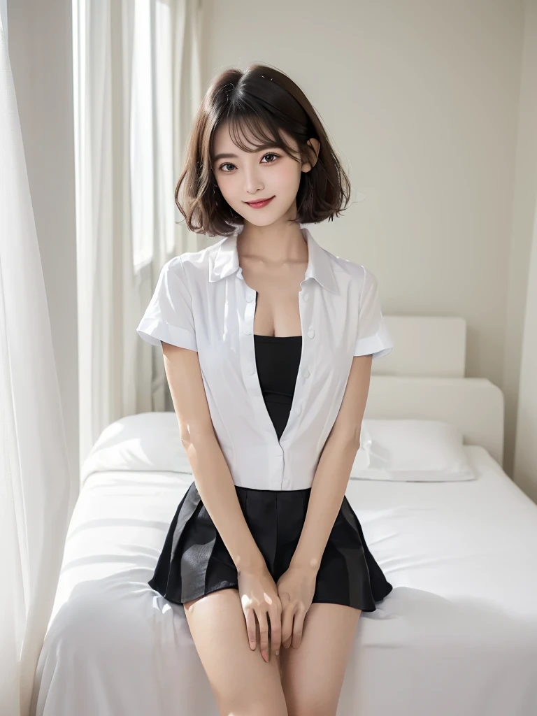 ((White short-sleeved shirt、Please wear it with the chest open.:1.7))、((White and black striped skirt:1.2))、((Long curly hair:1.1))、((Full Body Shot:1.2))、((Height: 165cm))、Hands in front、Hold hands between legs、