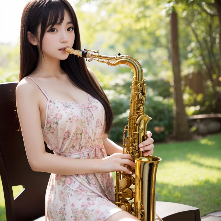 High resolution　Japanese　beauty　G-cup Neat　Beauty 　Playing the saxophone　Wearing a dress
