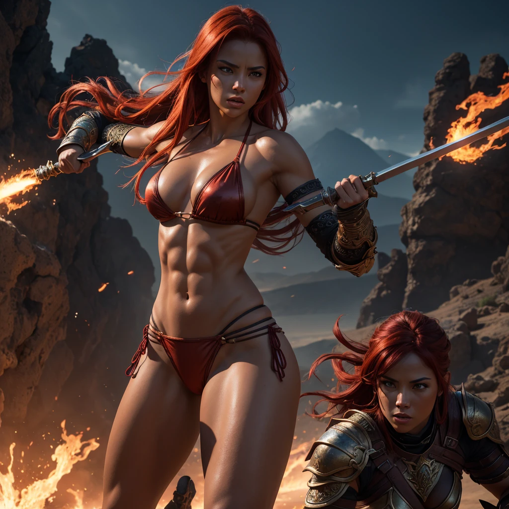 a sexy female warrior in a fantasy setting, transparent bikini and weaponry, dramatic lighting, intense action pose, fiery red hair flowing, detailed facial features, muscular physique, desert or volcanic background, cinematic composition, (best quality,4k,8k,highres,masterpiece:1.2),ultra-detailed,(realistic,photorealistic,photo-realistic:1.37),digital painting,concept art,dramatic lighting,vibrant colors,intricate details