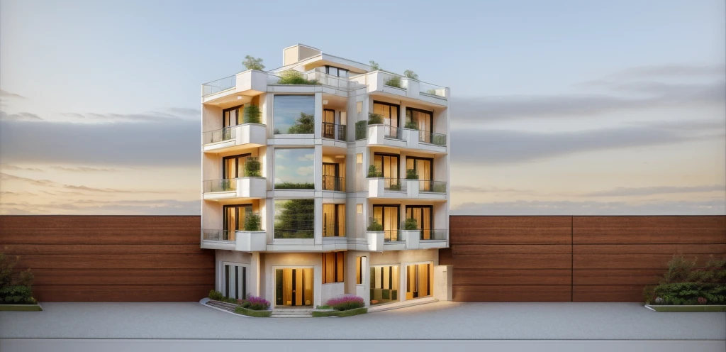 RAW photo,Masterpiece, high quality, best quality, authentic, super detail, exterior, outdoors, house style modern on the streets with white wall, glass windows, wooden ceiling, decorative brick array, fence gate, trees, road, beautiful summer sky