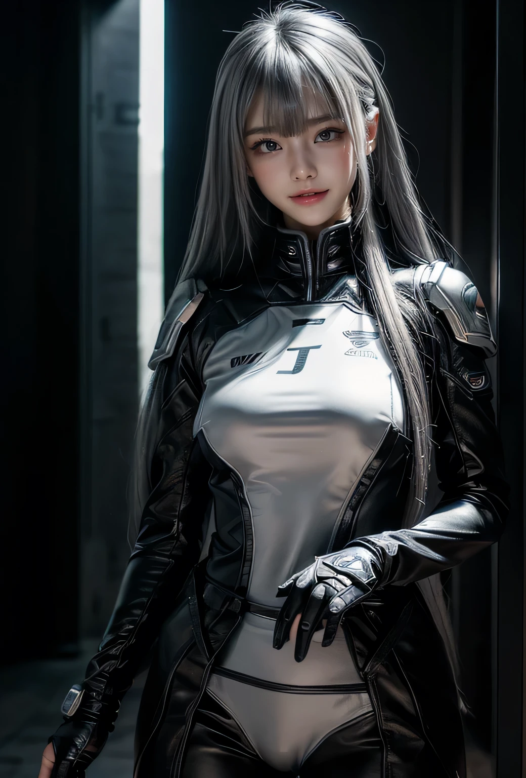 Cyber Angel,{{sfアーマー}},Cyber Suit,cyber punk,sf,Cyber Battle Armor,Battle Dress,uniform,pants,黒いuniform,whole body,height: 168cm,almond shape eyes,{{{{{Silver Eyes}}}}},{{{{{Blunt bangs}}}}},(Slanted Eyes},{{whole body},{{{1 Girl}}}, Long Hair, Straight hair,{{{{Silver Hair}}}},{{{tsurime}}},30 years old,{Medium Chest},{{Bush}},Silver Eyes,{{{masterpiece}}}, {{{Highest quality}}}, {{Very detailedな}}, {shape}, {{Very delicate and beautiful}},Very detailed,Detailed perfection,Detailed Hyper,Abundant thighs,Big Ass,Black clothes,smile,The teeth are clearly visible,Mouth open、
