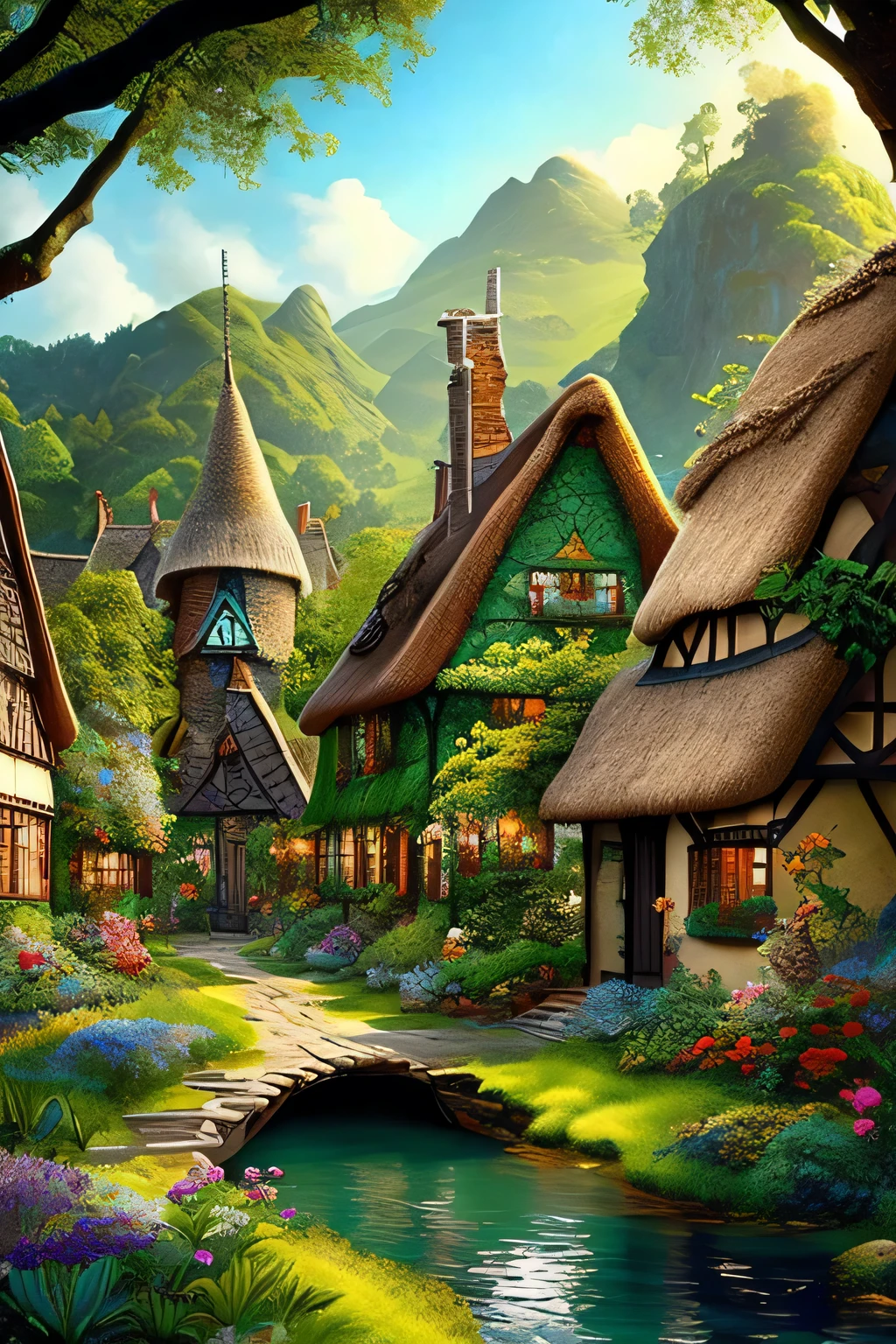 In an exquisite 8K resolution, this image brings to life the enchanting village of Ardenwood, nestled within a verdant, vibrant valley. Ancient oaks, boasting rich, textured bark and sprawling canopies of emerald leaves, stand tall like guardians over the landscape. Winding brooks meander through the village, their waters sparkling with clarity, adding a touch of life to the serene tableau. Charming thatched-roof houses adorned with colorful flower boxes dot the terrain, each displaying a unique charm that speaks of a bygone era. The cobblestone streets weave intricately, inviting exploration, while vill