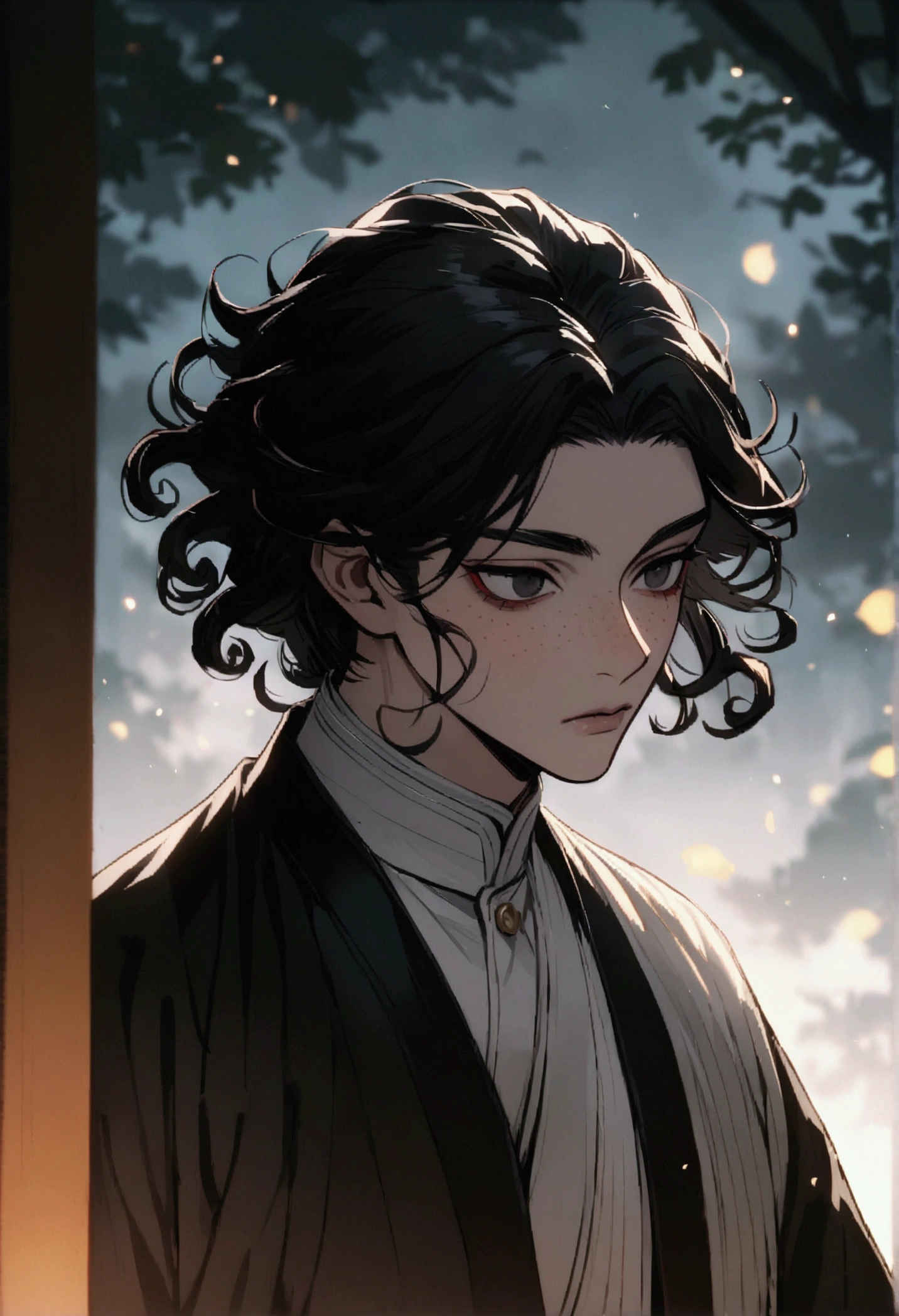 Demon slayer, male with curly black hair and black eyes with freckles