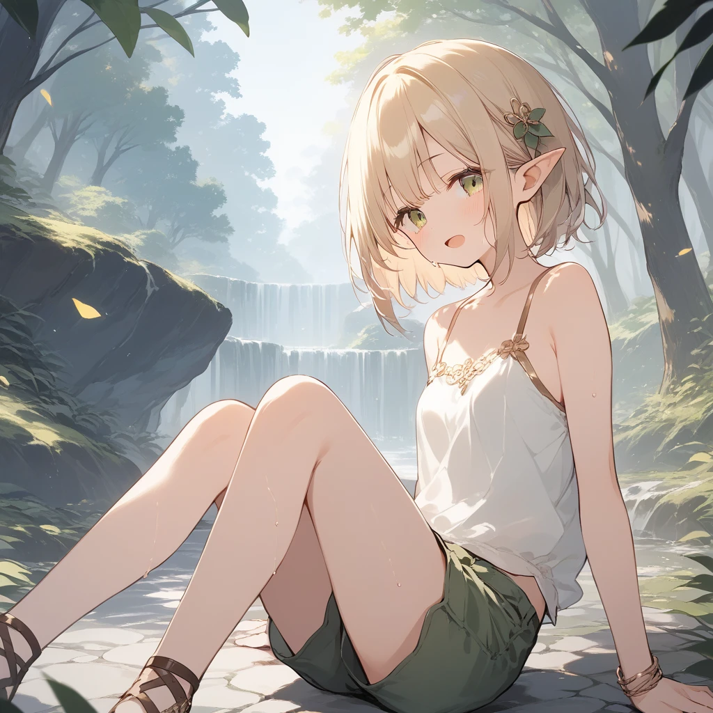 score_9, score_8_up, score_7_up, source_anime, best quality, masterpiece, official art, absurdres, highres, ultra-detailed,waifu2x,Collection: Slice of Life,break,1girl, elf, short hair, slender, androgynous, small breasts, beautiful detailed eyes, green shorts, sweat, open mouth, sleepily, outdoors, forest, spring,break,(clear line illustration:1.2), super detailed skin,very high resolution, very aesthetic, Best sexual lighting powered by famous artist, 8k,cute picture,beauty illustration,photoshop_(medium),,(Detailed Lighting),best anime 8k konachan wallpaper, pixiv contest winner,