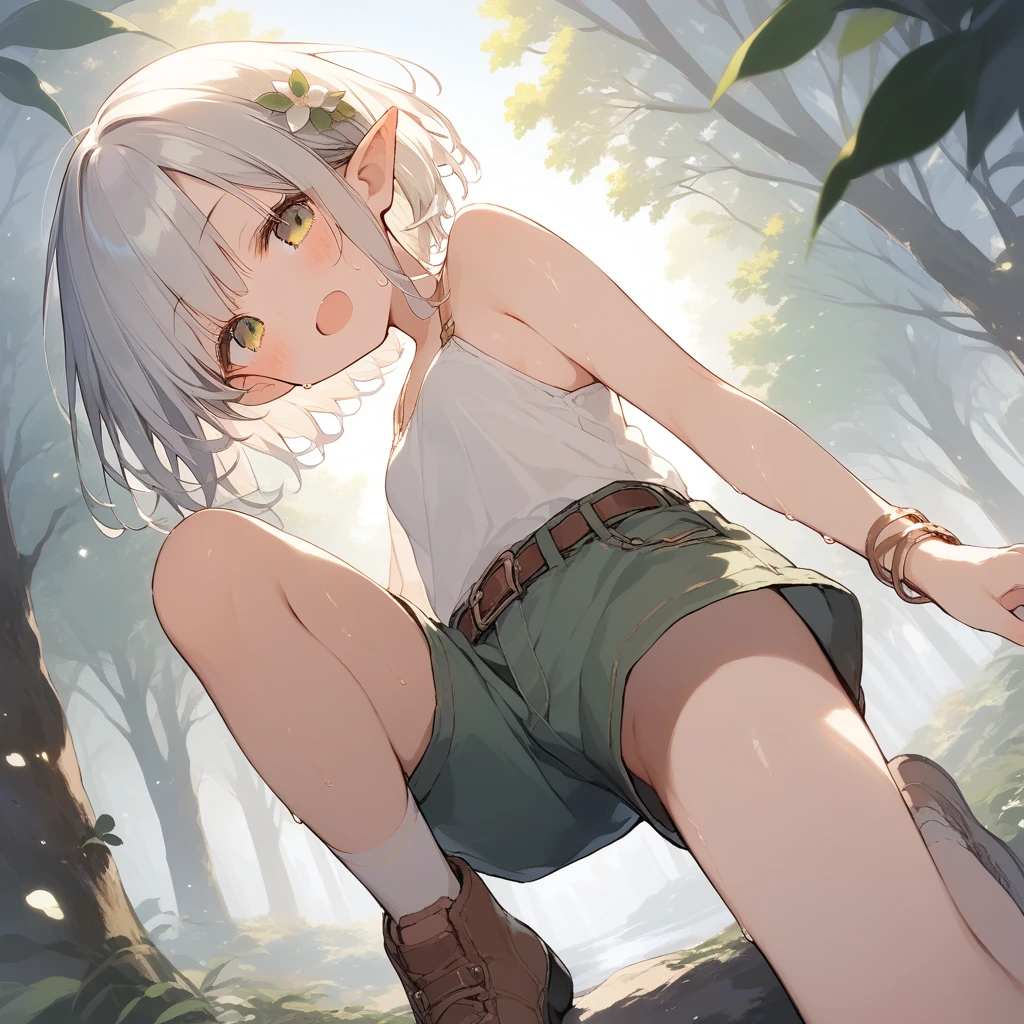 score_9, score_8_up, score_7_up, source_anime, best quality, masterpiece, official art, absurdres, highres, ultra-detailed,waifu2x,Collection: Slice of Life,break,1girl, elf, short hair, slender, androgynous, small breasts, beautiful detailed eyes, green shorts, sweat, open mouth, sleepily, outdoors, forest, spring,break,(clear line illustration:1.2), super detailed skin,very high resolution, very aesthetic, Best sexual lighting powered by famous artist, 8k,cute picture,beauty illustration,photoshop_(medium),,(Detailed Lighting),best anime 8k konachan wallpaper, pixiv contest winner,