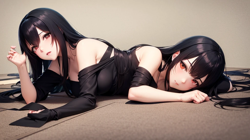 High quality, high quality, Japanese anime touch, one woman, sharp outline, long black hair, cosplay with bandages on her body,
She is lying down and looking at me in a cute pose,