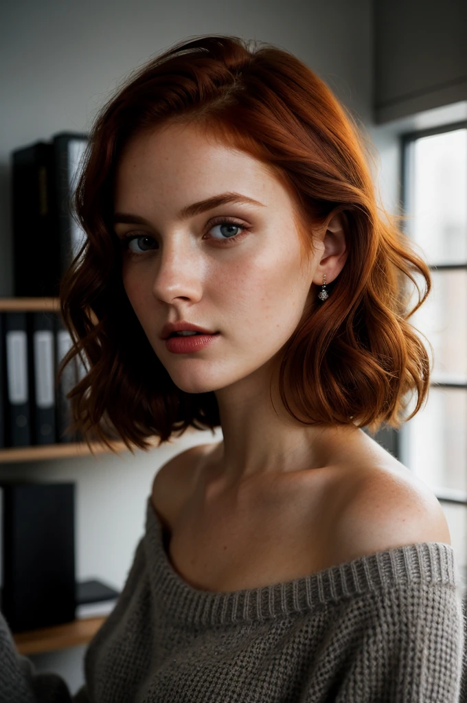 1girl, redhead woman, standing in the office, off-shoulder grey sweater, beautiful detailed eyes, beautiful detailed lips, extremely detailed face and portrait, photorealistic, hyper realistic, cinematic lighting, dramatic lighting, moody atmosphere, warm color palette, high quality, masterpiece, best quality