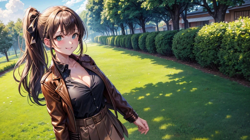 1girl, solo, full body, summer, village, trees, sun, clouds, ((colorful hair)), side ponytail, large breasts, ((brown leather jacket)), button down shirt, ((black shirt)), ((unbuttoned shirt)), unbuttoning buttons, cleavage 1:3 green eyes, grey skirt, smile, happy, looking at the viewer, standing, hair ribbon, golden necklate