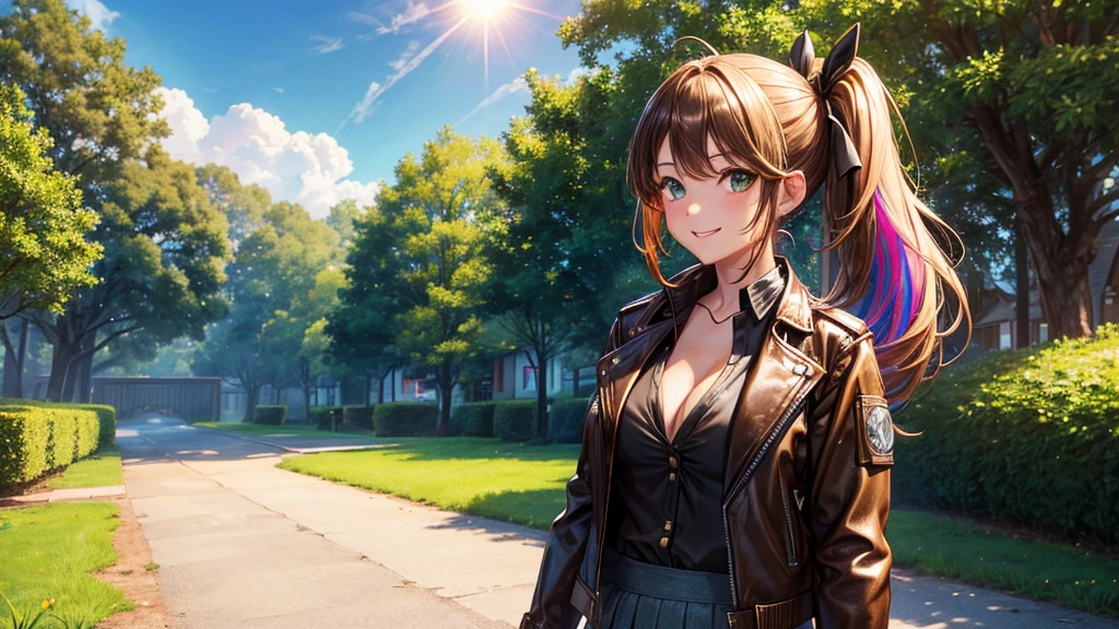 1girl, solo, full body, summer, village, trees, sun, clouds, ((colorful hair)), side ponytail, large breasts, ((brown leather jacket)), button down shirt, ((black shirt)), ((unbuttoned shirt)), unbuttoning buttons, cleavage 1:3 green eyes, grey skirt, smile, happy, looking at the viewer, standing, hair ribbon, golden necklate