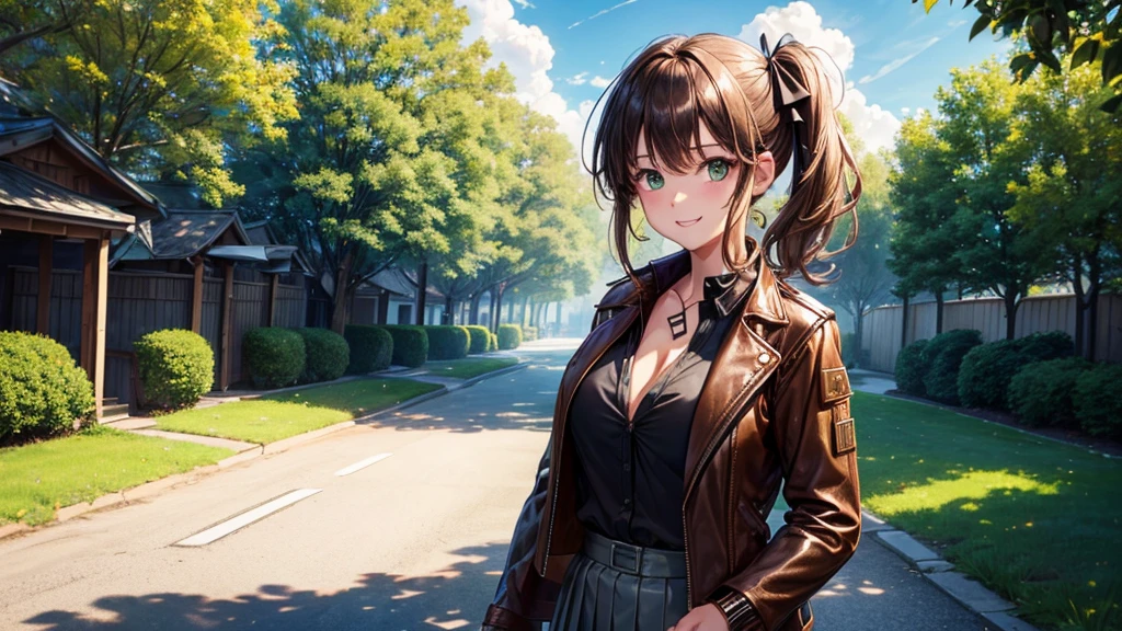 1girl, solo, full body, summer, village, trees, sun, clouds, ((colorful hair)), side ponytail, large breasts, ((brown leather jacket)), button down shirt, ((black shirt)), ((unbuttoned shirt)), unbuttoning buttons, cleavage 1:3 green eyes, grey skirt, smile, happy, looking at the viewer, standing, hair ribbon, golden necklate