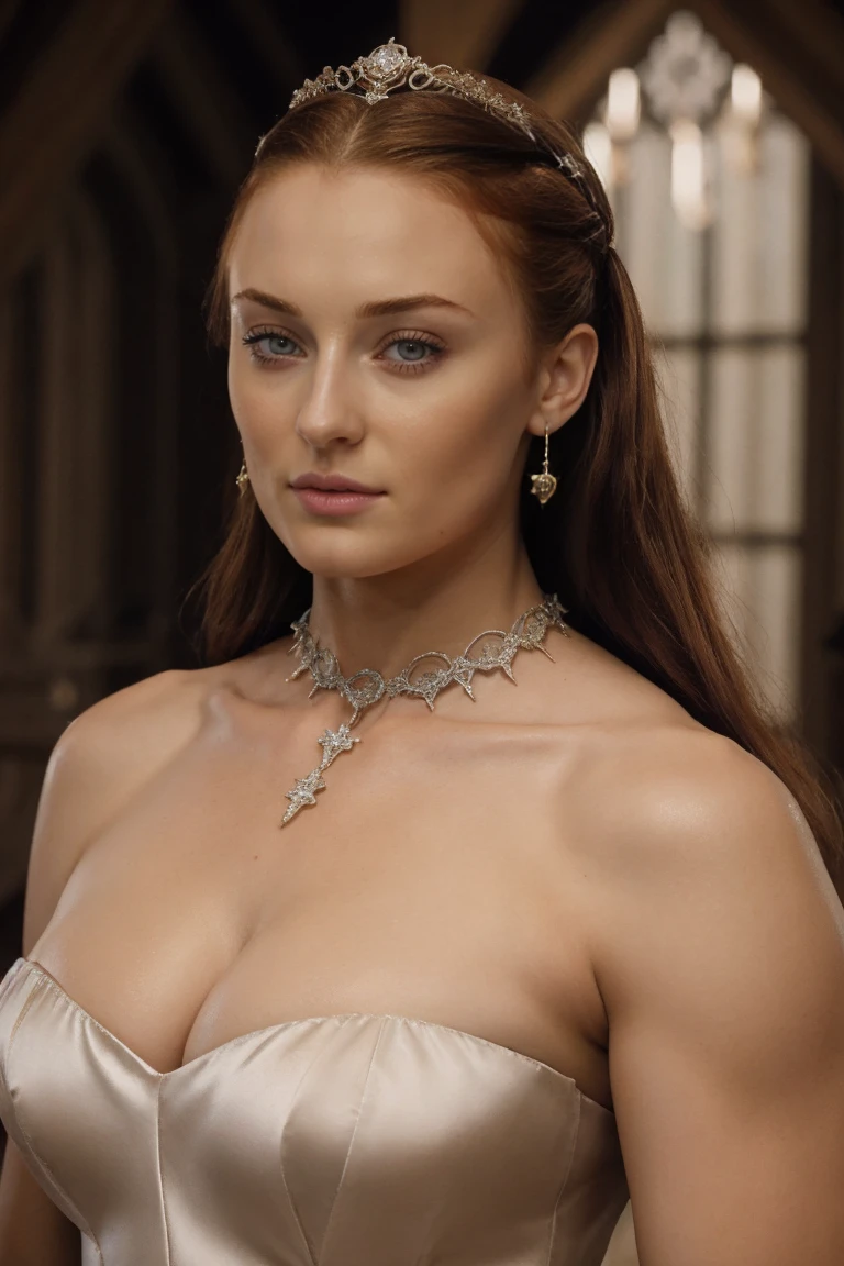 Face of Sophie Turner, Sansa Stark played by Sophie Turner, the de facto Lady of the Eyrie, is a 40-year-old mature queen with a stunning, alluring appearance. Regally standing amongst elderlymen councils. Full Face, Full figured woman, pierced eyes, reddish lips, (half body shot), erotic Mediaeval lewd off-the-shoulders sleeveless costumes, game of thrones costumes, satin-silken regal gloves, decorated jewelries befitting for regal noble lady, [She wears a Game of Thrones-inspired off-the-shoulders sleeveless costume and has a deep cleavage plunging neckline with heavy mommy milkers], a perfect thick body, and a perfect fleshy thick figure. Thick fleshy arms. Naturally heavy mommy milkers. Perfectfully sculpted collarbones. [arm behind my head]. Surrounded by elderly councilmen. Body worships. The photograph captures DSLR shot, with her skin texture and facial features being ultra-realistic and realistic. Juicy thick figure, high quality skin, Skin pores, amazing details, snow, snow flakes, semi realistic, extremely detailed eyes, dark moody orange and black settings, cool environment, artificial intelligence