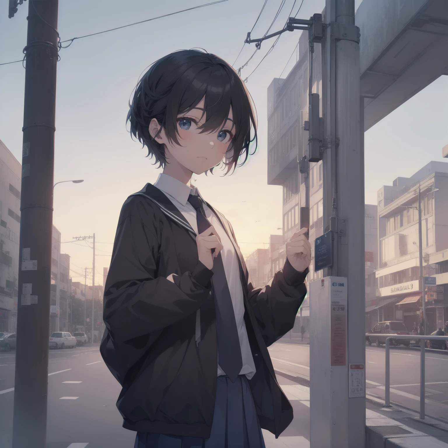 ultra-absurdres-Top quality by artist God, ultra-detailed, high resolution, anime moe artstyle, best anime 8k konachan wallpaper, pixiv contest winner, pool:2810, perfect ???????,break, 1girl, (Please draw a girl walking sleepily to school alone. )break,(Solo,little female, 13-year-old:1.3),Full limbs, complete fingers,a junior high school student, (very short hair), short cut, flat chest, , small butt, small black eyes, beautiful detailed eyes, well-proportioned iris and pupils, expressive eyes, highres detailed hair, soft expression, salor school_uniform, sailor collar, serahuku, bow, pleated skirt,(Detailed Lighting), (Detailed background), in the School commute route. break,super detailed skin, Best cinematic lighting powered by famous artist, 8k,beauty illustration,photoshop_(medium),very aesthetic,break,((artist:tomose_shunsaku )), artist:clamp ,artist:carnelian ,artist:kantoku ,

