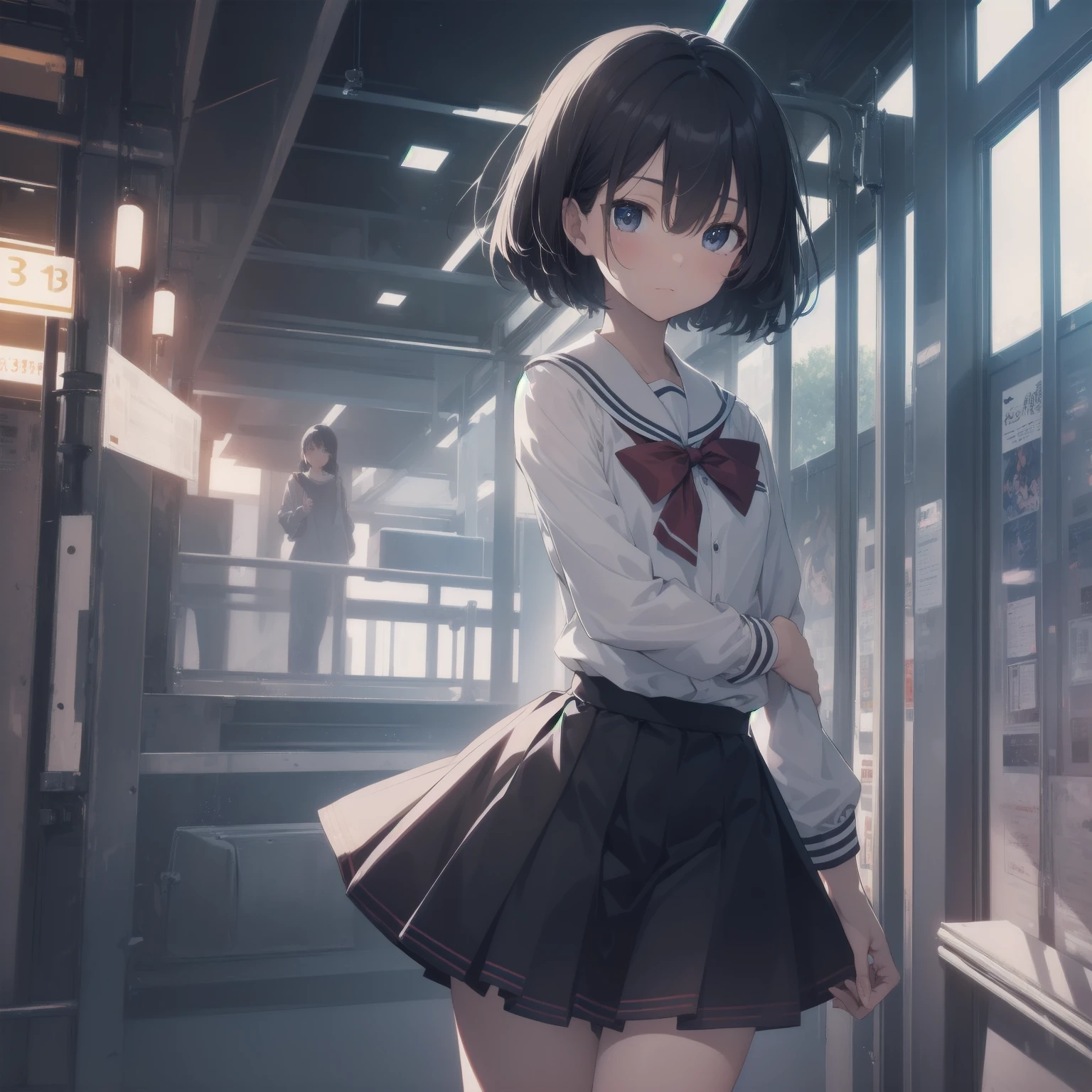 ultra-absurdres-Top quality by artist God, ultra-detailed, high resolution, anime moe artstyle, best anime 8k konachan wallpaper, pixiv contest winner, pool:2810, perfect anatomy,break, 1girl, (Please draw a girl walking sleepily to school alone. )break,(Solo,little female, 13-year-old:1.3),Full limbs, complete fingers,a junior high school student, (very short hair), short cut, flat chest, , small butt, small black eyes, beautiful detailed eyes, well-proportioned iris and pupils, expressive eyes, highres detailed hair, soft expression, salor school_uniform, sailor collar, serahuku, bow, pleated skirt,(Detailed Lighting), (Detailed background), in the School commute route. break,super detailed skin, Best cinematic lighting powered by famous artist, 8k,beauty illustration,photoshop_(medium),very aesthetic,break,((artist:tomose_shunsaku )), artist:clamp ,artist:carnelian ,artist:kantoku ,
