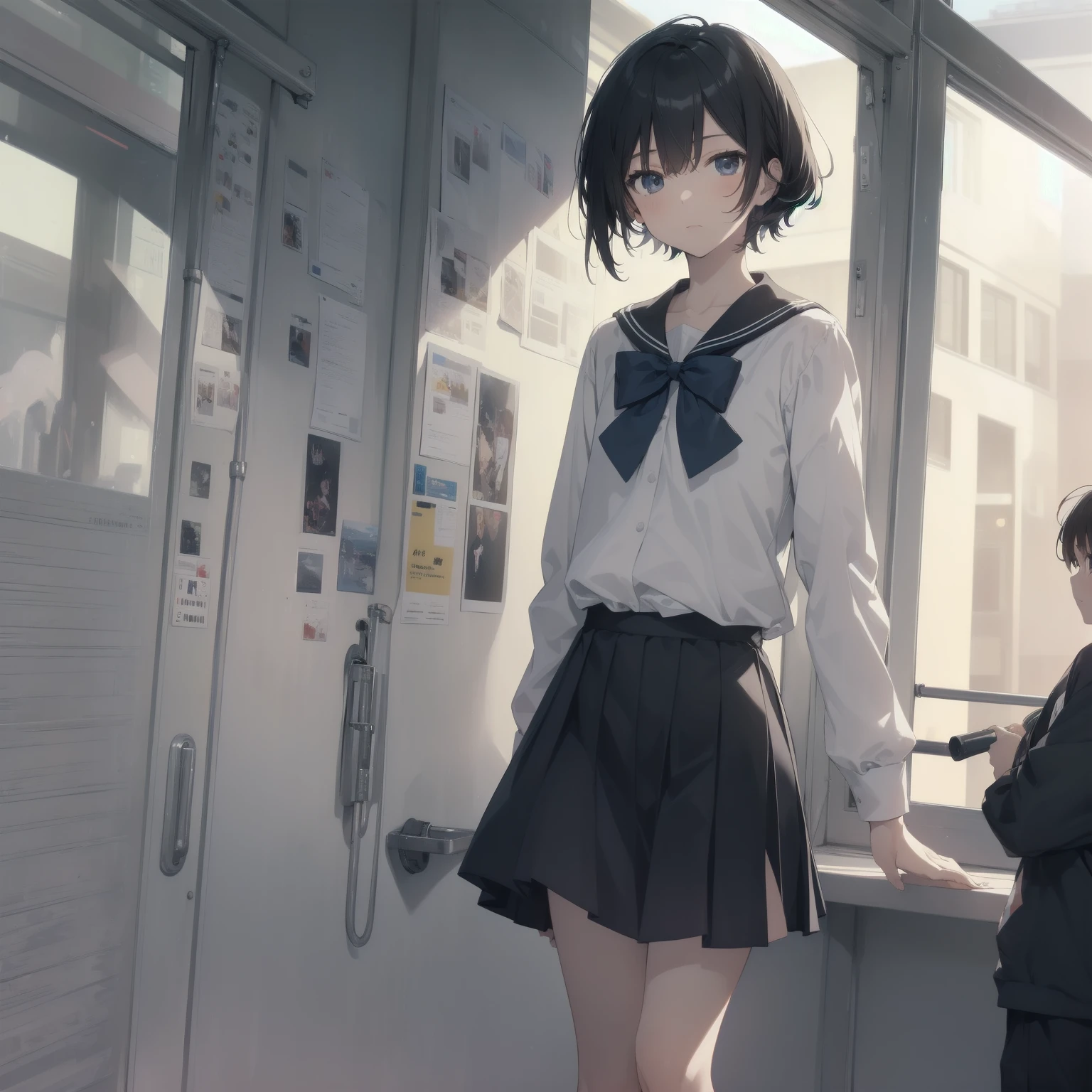 ultra-absurdres-Top quality by artist God, ultra-detailed, high resolution, anime moe artstyle, best anime 8k konachan wallpaper, pixiv contest winner, pool:2810, perfect anatomy,break, 1girl, (Please draw a girl walking sleepily to school alone. )break,(Solo,little female, 13-year-old:1.3),Full limbs, complete fingers,a junior high school student, (very short hair), short cut, flat chest, , small butt, small black eyes, beautiful detailed eyes, well-proportioned iris and pupils, expressive eyes, highres detailed hair, soft expression, salor school_uniform, sailor collar, serahuku, bow, pleated skirt,(Detailed Lighting), (Detailed background), in the School commute route. break,super detailed skin, Best cinematic lighting powered by famous artist, 8k,beauty illustration,photoshop_(medium),very aesthetic,break,((artist:tomose_shunsaku )), artist:clamp ,artist:carnelian ,artist:kantoku ,