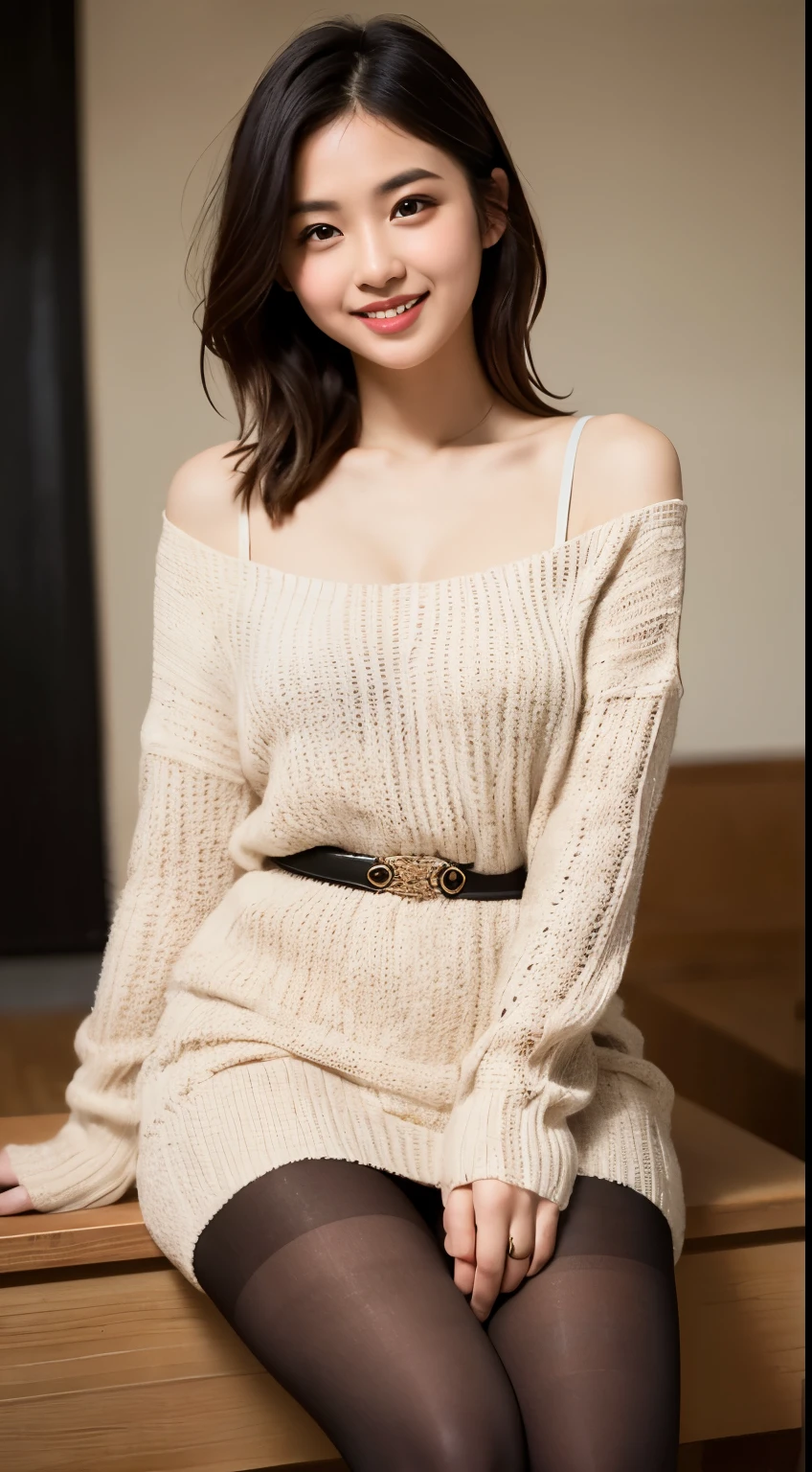 A genuine 19-year-old popular innocent movie actress from the upper class、Wearing a knitted dress、Sit in a comfortable room、 (超Realistic pantyhose:1.3)、Thighs Thighs Thighs Thighs、Height: 165cm, Japanese Model, Short Layered Hair、Japanese girl, Neat and clean Japan woman, Laughter、smile、Japanese Goddess, Innocence、Realistic pantyhose、RAW Photos, (8K、Highest quality、masterpiece:1.2)、(Intricate details:1.4)、(Photorealistic:1.4)、Octane Rendering、Complex 3D rendering with ultra-detail, Studio Lighting, Rim Light, Vivid details, Super Detail, Realistic pantyhose、Realistic skin texture, Detailed aspect, Beautiful details in the eyes, Highly detailed CG Unity 16k wallpaper, compensate, (Detailed Background:1.2), Glowing Skin、looked back、Bare thighs!!!