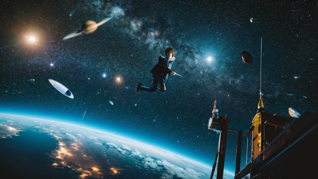 Ridiculous Resolutions, High resolution, (masterpiece:1.4), Very detailed, One boy, View from above, space, floating, - At six o'clock