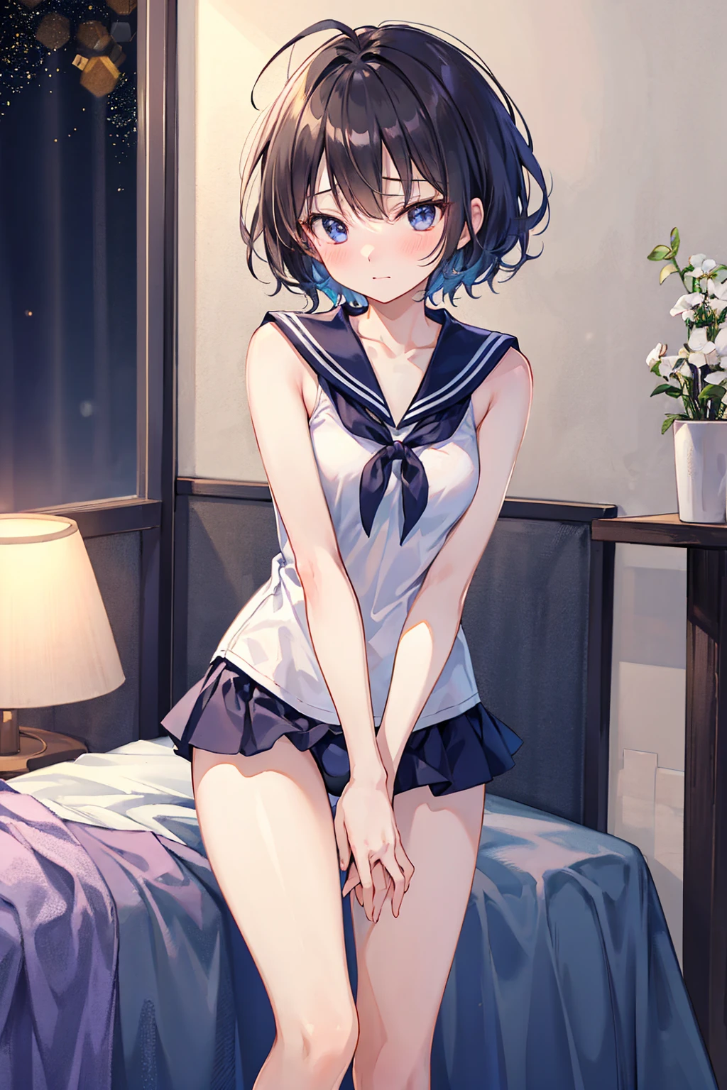 Highest quality、Complete limbs、Full Finger、Slender beauty、1 person、Small eyes、Very Short Hair、Embarrassed expression、Sailor swimsuit、Knee-length、bedroom,Small breasts,((Highest quality)), (Very detailed), (High-definition CG synthesis 8K wallpaper), 高いly detailed, 高い-definition raw color photos, Professional photography, (((Bokeh))), Written boundary depth,