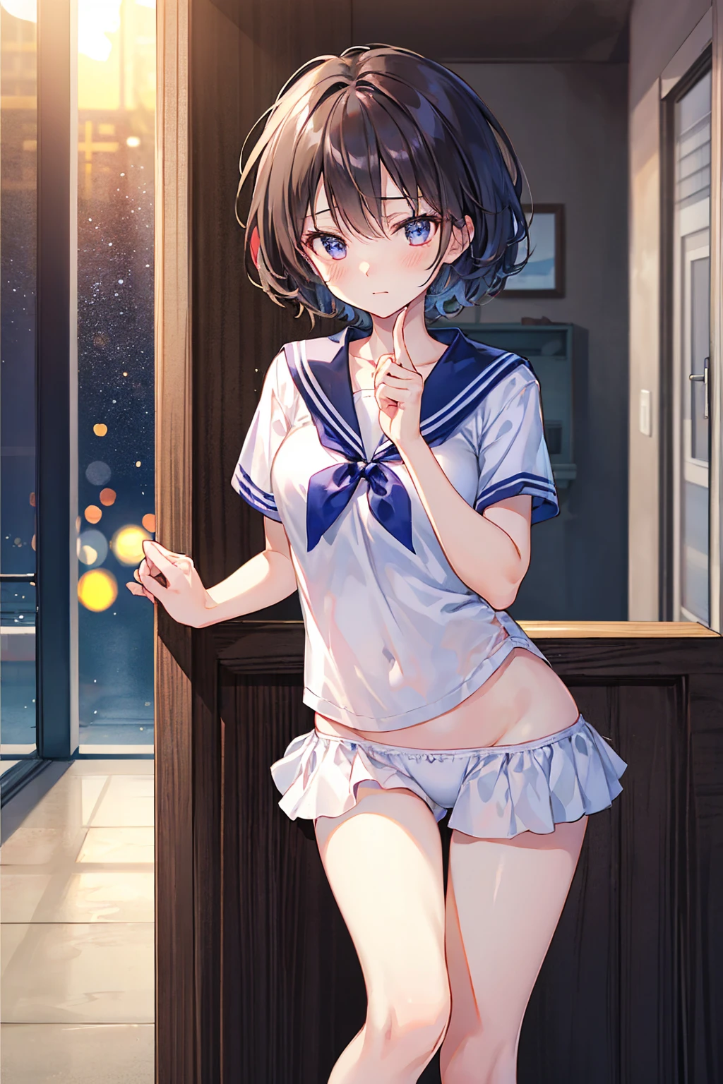 Highest quality、Complete limbs、Full Finger、Slender beauty、1 person、Small eyes、Very Short Hair、Embarrassed expression、Sailor swimsuit、Knee-length、bedroom,Small breasts,((Highest quality)), (Very detailed), (High-definition CG synthesis 8K wallpaper), 高いly detailed, 高い-definition raw color photos, Professional photography, (((Bokeh))), Written boundary depth,