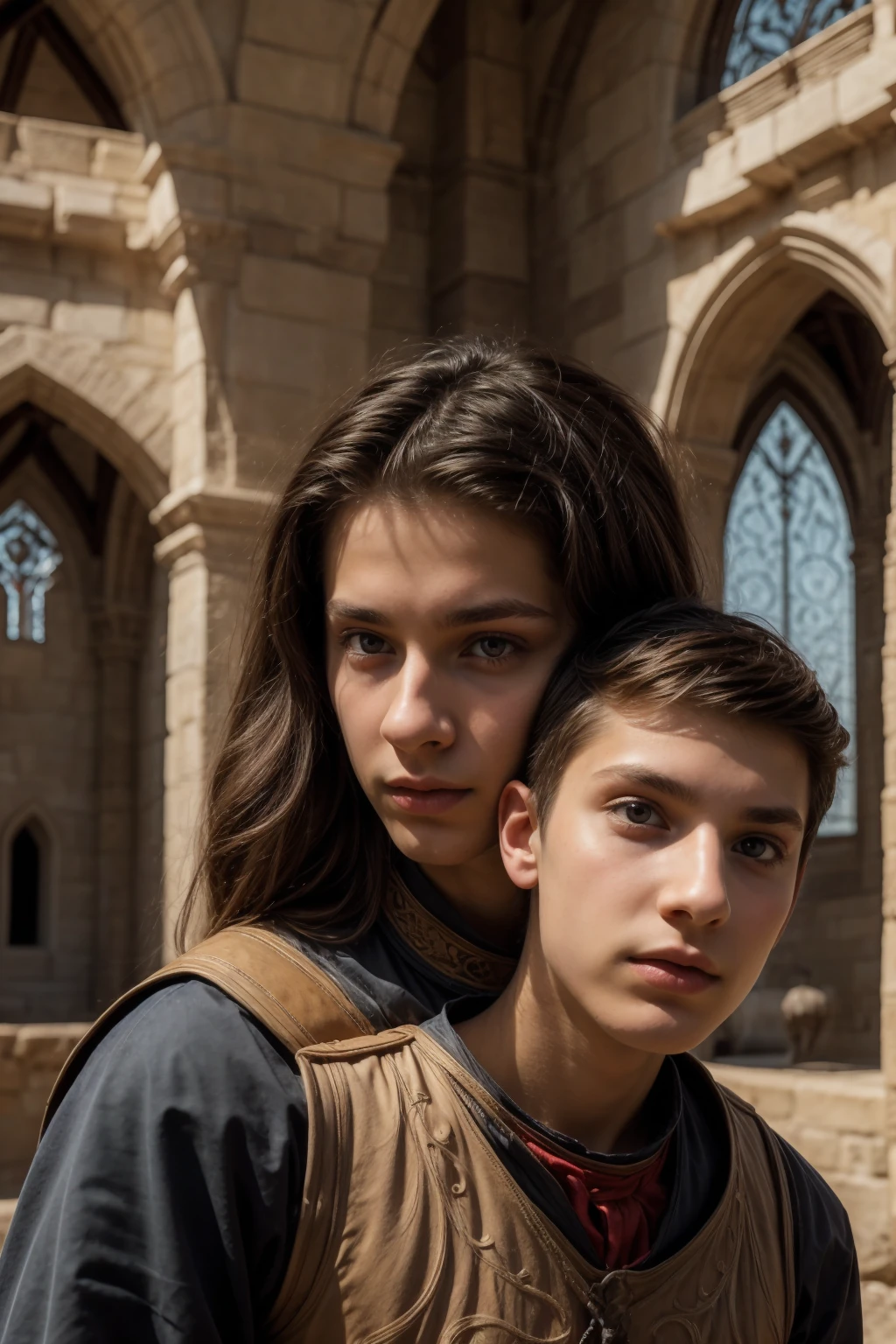 A cute young male twink with a make-up face and black hair, wearing medieval combat clothing, appears from a palace window.