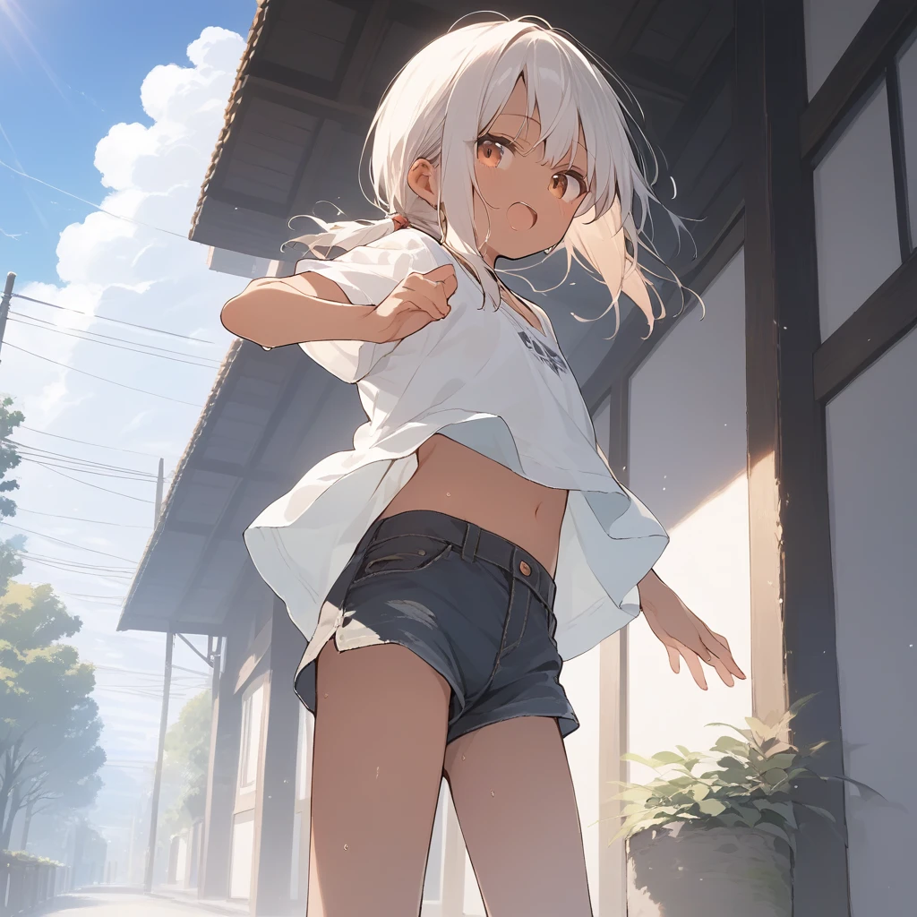 score_9, score_8_up, score_7_up, source_anime, best quality, masterpiece, official art, absurdres, highres, ultra-detailed,waifu2x,Collection: Slice of Life,break,1girl, tomboy, dark-skinned female, short hair, low ponytail, flat chest, beautiful detailed eyes, short shorts, sweat, open mouth, (yawn:0.3), sleepily, outdoors, wind,break,(clear line illustration:1.2), super detailed skin,very high resolution, very aesthetic, Best sexual lighting powered by famous artist, 8k,cute picture,beauty illustration,photoshop_(medium),,(Detailed Lighting),best anime 8k konachan wallpaper, pixiv contest winner,