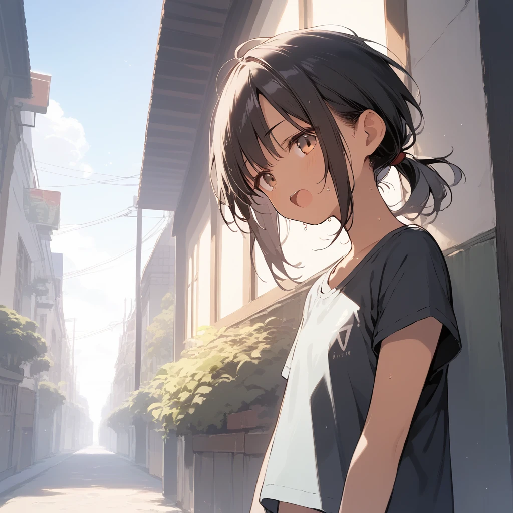 score_9, score_8_up, score_7_up, source_anime, best quality, masterpiece, official art, absurdres, highres, ultra-detailed,waifu2x,Collection: Slice of Life,break,1girl, tomboy, dark-skinned female, short hair, low ponytail, flat chest, beautiful detailed eyes, short shorts, sweat, open mouth, (yawn:0.3), sleepily, outdoors, wind,break,(clear line illustration:1.2), super detailed skin,very high resolution, very aesthetic, Best sexual lighting powered by famous artist, 8k,cute picture,beauty illustration,photoshop_(medium),,(Detailed Lighting),best anime 8k konachan wallpaper, pixiv contest winner, 