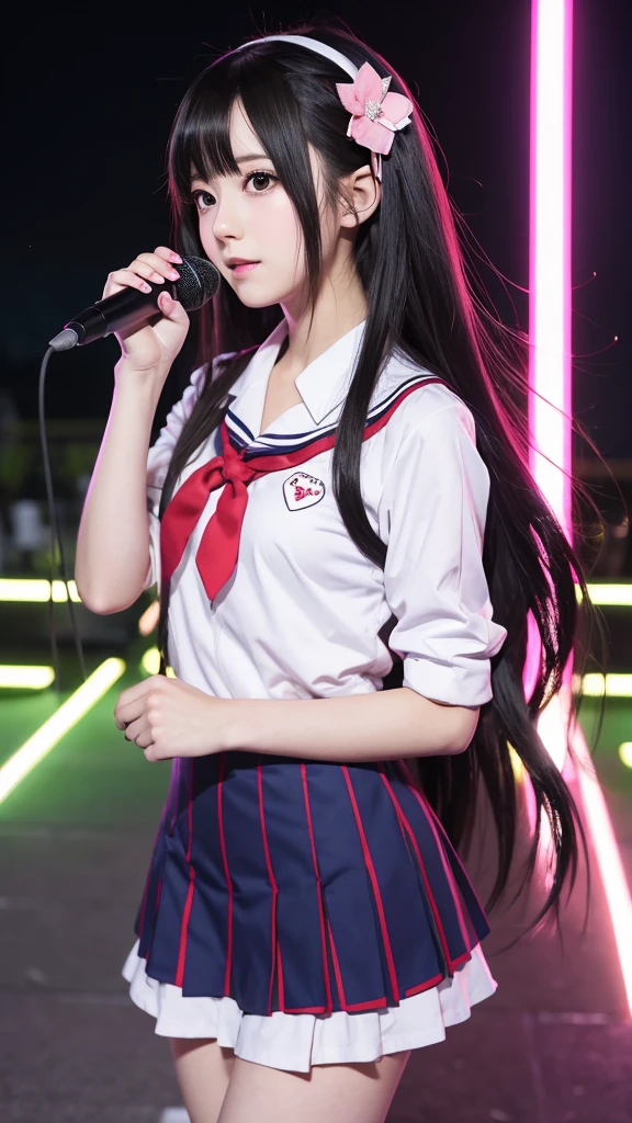 anime girl with microphone in her hand, nightcore, anime moe artstyle, anime visual of a cute girl, gapmoe yandere, yandere, hololive, marin kitagawa fanart, misato katsuragi, yandere. tall, iwakura lain, waifu, sakimichan, hanayamata, beautiful anime high school girl