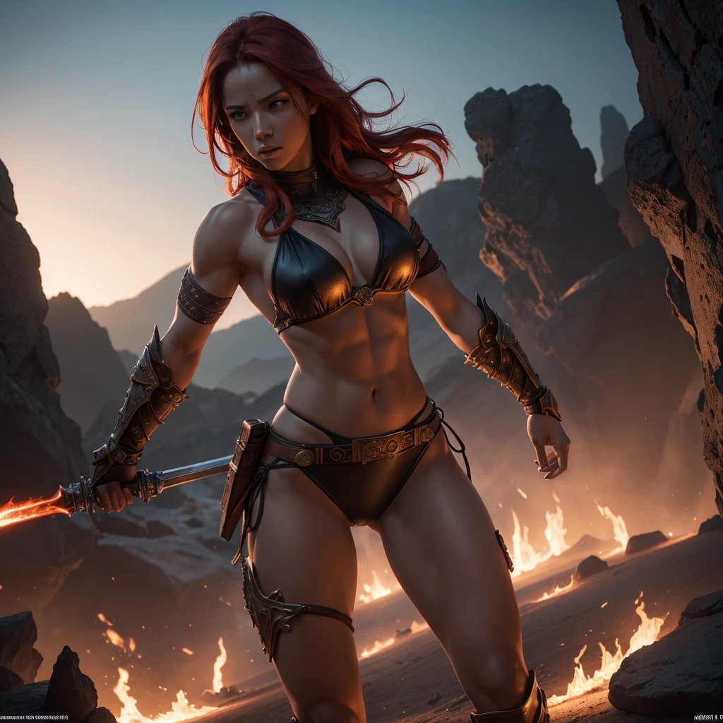 a sexy female warrior in a fantasy setting, transparent bikini and weaponry, dramatic lighting, intense action pose, fiery red hair flowing, detailed facial features, muscular physique, desert or volcanic background, cinematic composition, (best quality,4k,8k,highres,masterpiece:1.2),ultra-detailed,(realistic,photorealistic,photo-realistic:1.37),digital painting,concept art,dramatic lighting,vibrant colors,intricate details