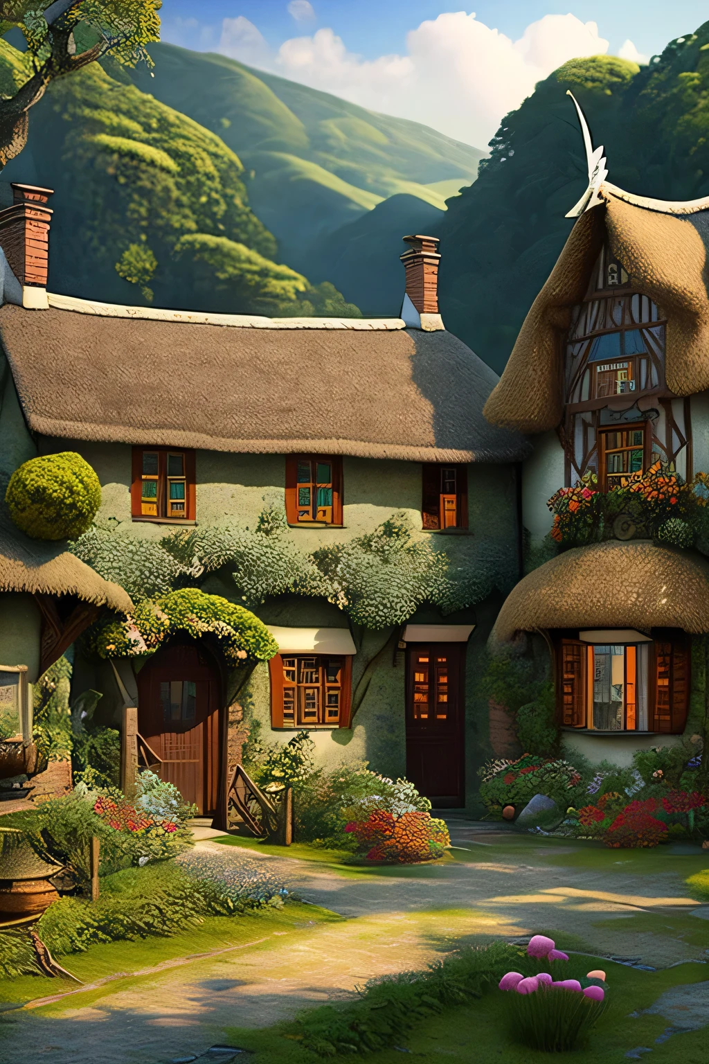 In an exquisite 8K resolution, this image brings to life the enchanting village of Ardenwood, nestled within a verdant, vibrant valley. Ancient oaks, boasting rich, textured bark and sprawling canopies of emerald leaves, stand tall like guardians over the landscape. Winding brooks meander through the village, their waters sparkling with clarity, adding a touch of life to the serene tableau. Charming thatched-roof houses adorned with colorful flower boxes dot the terrain, each displaying a unique charm that speaks of a bygone era. The cobblestone streets weave intricately, inviting exploration, while vill