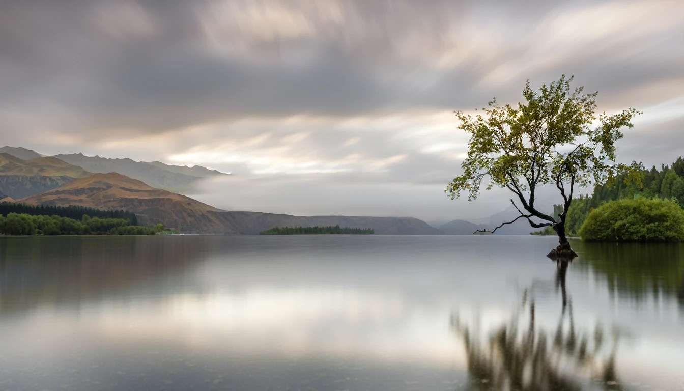 a lone tree stands alone in the middle of a lake