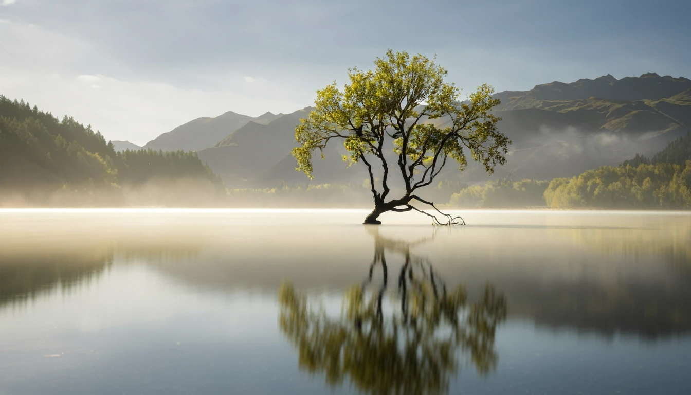 a lone tree stands alone in the middle of a lake