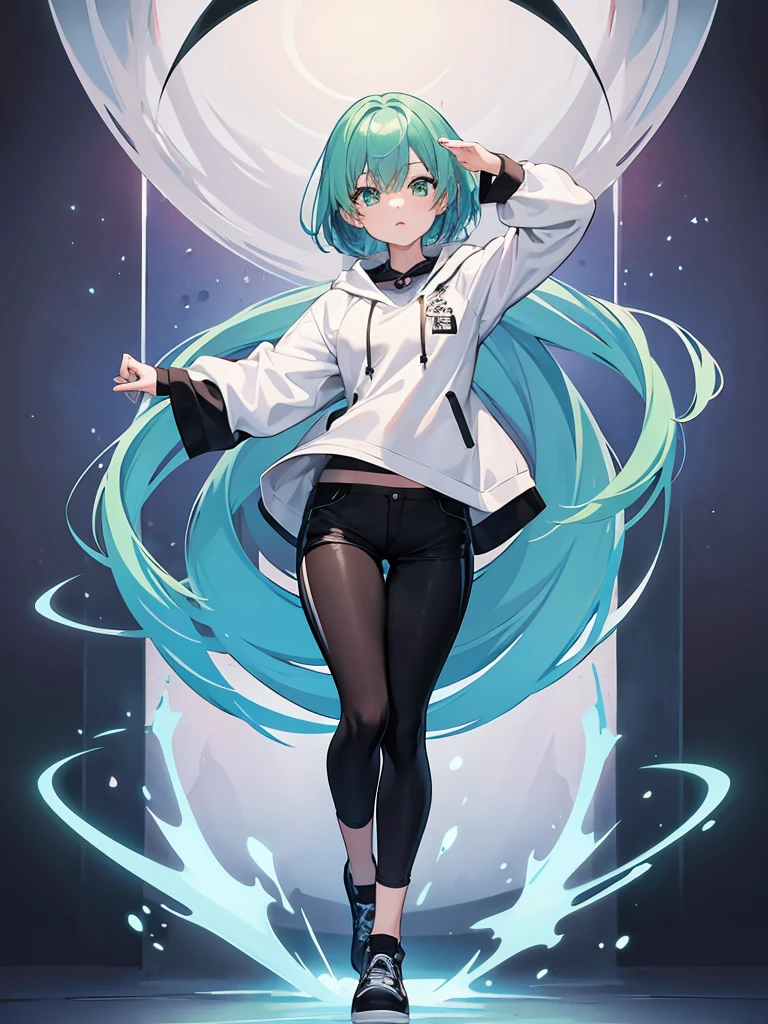 Masterpiece,High quality,(Full body 1.2),Animated standing portrait, black half pants and white hoodie,(green hair 1.4),Anime girl with short green hair and green eyes,(detailed eyes 1.6),(clear eyes 1.4),(beautiful eyes 1.4),(shining eyes 1.4),White cyan, green hair, detailed Key Animated Art, Animated Portrait, shining eyes, girl with blue hair, light blue hair, black half pants, white stockings, thighs, 4K