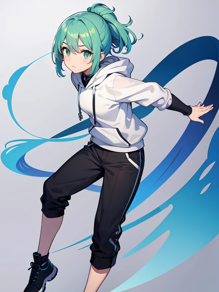 Masterpiece,High quality,(Full body 1.2),Animated standing portrait, black half pants and white hoodie,(green hair 1.4),Anime girl with short green hair and green eyes,(detailed eyes 1.6),(clear eyes 1.4),(beautiful eyes 1.4),(shining eyes 1.4),White cyan, green hair, detailed Key Animated Art, Animated Portrait, shining eyes, girl with blue hair, light blue hair, black half pants, white stockings, thighs, 4K