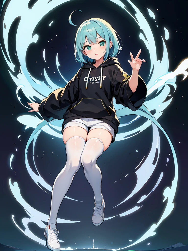 Masterpiece,High quality,(Full body 1.2),Animated standing portrait, black half pants and white hoodie,(green hair 1.4),Anime girl with short green hair and green eyes,(detailed eyes 1.6),(clear eyes 1.4),(beautiful eyes 1.4),(shining eyes 1.4),White cyan, green hair, detailed Key Animated Art, Animated Portrait, shining eyes, girl with blue hair, light blue hair, black half pants, white stockings, thighs, 4K