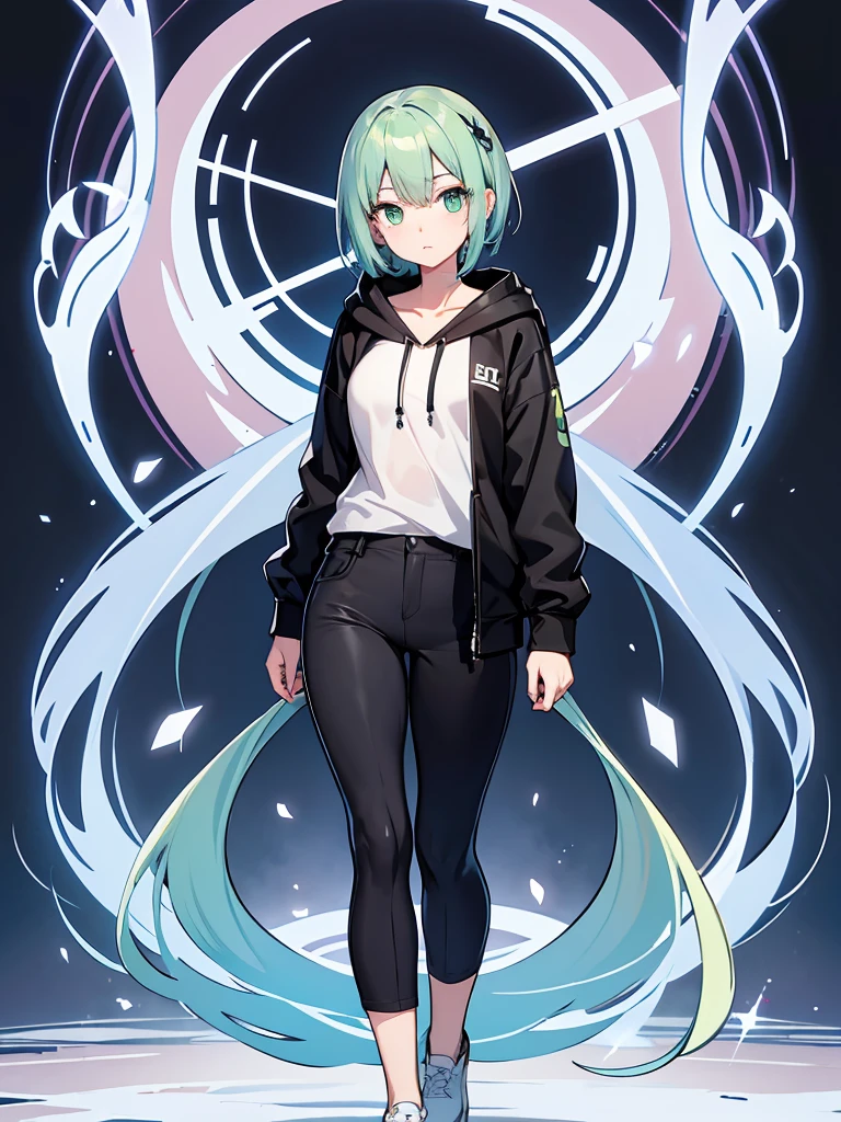 Masterpiece,High quality,(Full body 1.2),Animated standing portrait, black half pants and white hoodie,(green hair 1.4),Anime girl with short green hair and green eyes,(detailed eyes 1.6),(clear eyes 1.4),(beautiful eyes 1.4),(shining eyes 1.4),White cyan, green hair, detailed Key Animated Art, Animated Portrait, shining eyes, girl with blue hair, light blue hair, black half pants, white stockings, thighs, 4K